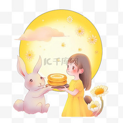 月饼上图片_中秋节手绘元素可爱的女孩和兔子