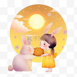 女孩和兔子图片_中秋节可爱的女孩和兔子赏月元素