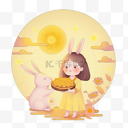 中秋节可爱的女孩和兔子赏月元素