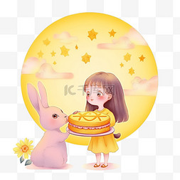 月饼上图片_中秋节可爱的女孩和兔子手绘赏月