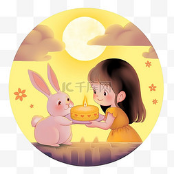 卡通中秋节可爱的女孩和兔子赏月