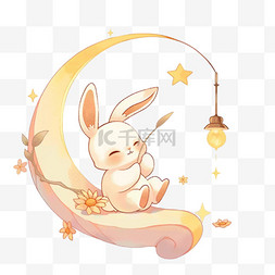 卡通祥云月亮图片_中秋节可爱的兔子月亮手绘元素