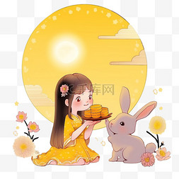 元素中秋节可爱的女孩和兔子赏月