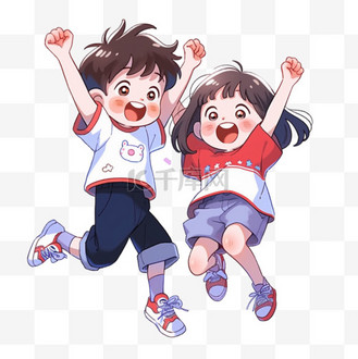 手绘可爱的男孩女孩欢呼跳跃元素