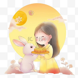 中秋节可爱的女孩和兔子赏月卡通