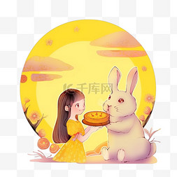 中秋节可爱的女孩和兔子赏月卡通
