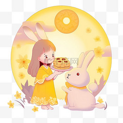 中秋节卡通可爱的女孩和兔子赏月