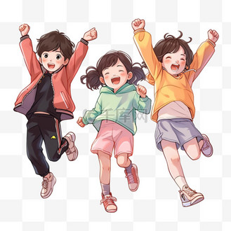 手绘元素国庆节可爱的男孩女孩欢呼卡通