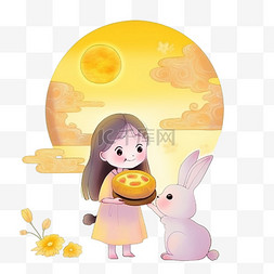 月饼上图片_中秋节可爱的女孩和兔子赏月元素