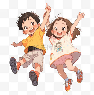 可爱的男孩女孩欢呼跳跃手绘卡通元素