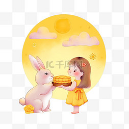 卡通兔子和女孩图片_中秋节元素可爱的女孩和兔子赏月