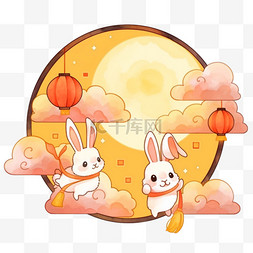 月圆背景图片_中秋节场景可爱的兔子卡通赏月元