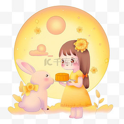 月饼上图片_中秋节可爱的女孩和兔子赏月手绘