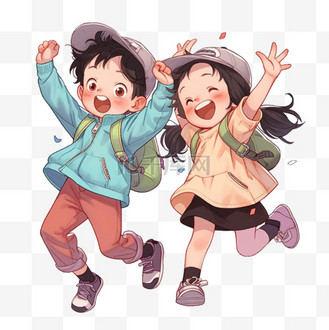 可爱的男孩女孩卡通欢呼跳跃元素手绘