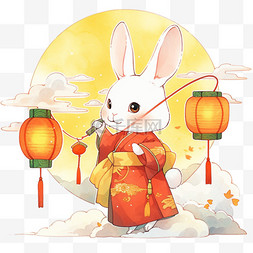 国风背景纯色图片_中秋节国风卡通兔子赏月手绘元素