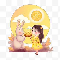 月饼上图片_中秋节可爱的女孩和兔子卡通手绘