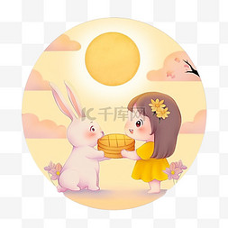 中秋节可爱的女孩和兔子元素赏月