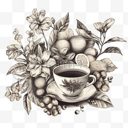手绘插花艺术图片_咖啡树枝，有水果和鲜花，手绘插
