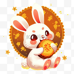 开心月饼图片_卡通元素中秋节可爱的兔子吃月饼
