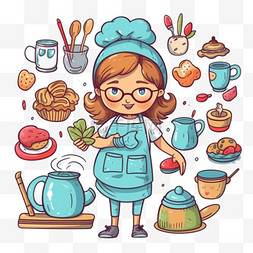 厨师卡通厨师图片_可爱的女孩在厨房和面包店烹饪涂