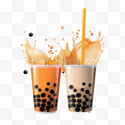 奶茶海报背景素材图片_飞溅牛奶和珍珠波巴茶的饮料广告