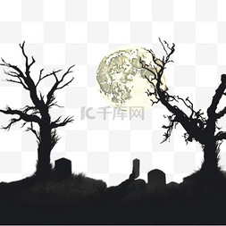 树的插图图片_万圣节背景与古老的墓碑，令人毛