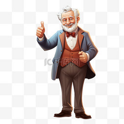老商人竖起大拇指，手放在臀部