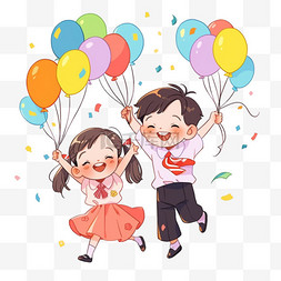 欢呼的孩子图片_欢呼可爱的孩子拿着气球庆祝卡通