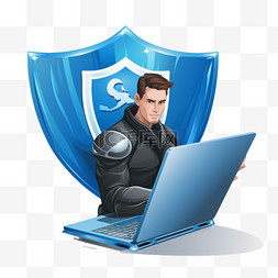 带盾牌保护笔记本电脑数据的人