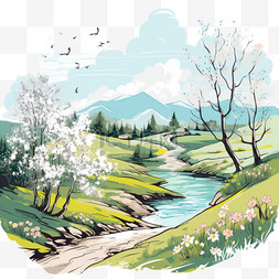 鲜花风景图片_手绘春色山水