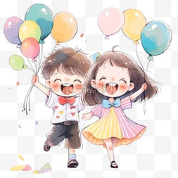 可爱的孩子欢呼庆祝拿着气球卡通