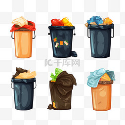 地球环境污染图片_垃圾袋和垃圾桶矢量插图集。收集