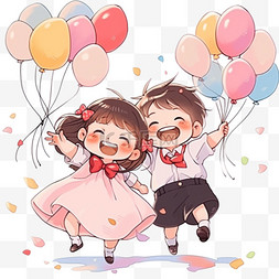 开心表情手绘图片_可爱的孩子拿着气球欢呼庆祝卡通