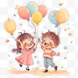 欢呼庆祝的孩子图片_可爱的孩子拿着气球卡通欢呼庆祝