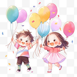 可爱的孩子拿着气球庆祝卡通欢呼