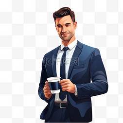 拿电脑商务人物图片_身穿深蓝色西装、咖啡杯拿着平板