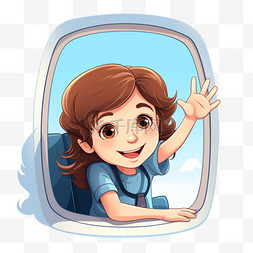 从飞机窗口挥手的快乐女孩