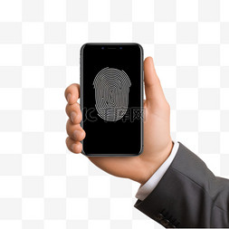 办公电话图片_使用带指纹扫描仪的电话的商人