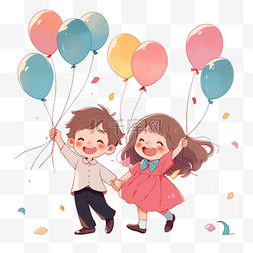 欢呼庆祝的孩子图片_拿着气球欢呼可爱的孩子手绘庆祝