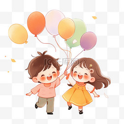 卡通可爱的孩子拿着气球欢呼庆祝