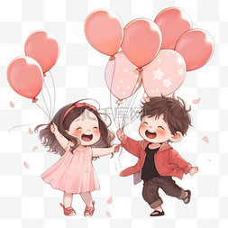 开心表情手绘图片_可爱的孩子拿着气球元素欢呼庆祝