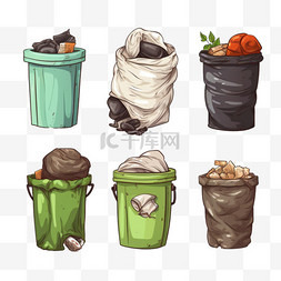 回收和垃圾图片_垃圾袋和垃圾桶矢量插图集。收集
