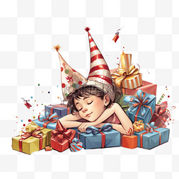 戴着派对帽的女孩躺在一堆礼物上