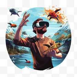 戴虚拟现实眼镜的人看到乌龟和鱼