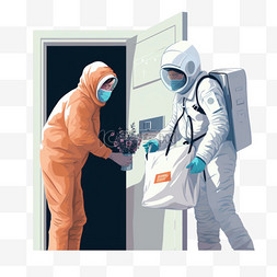 戴着医用口罩的宇航员在门后给一