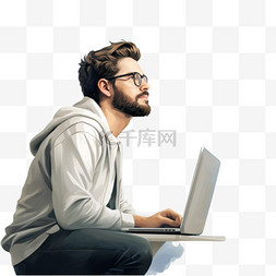 戴眼镜的男人坐在显示器上抬头看