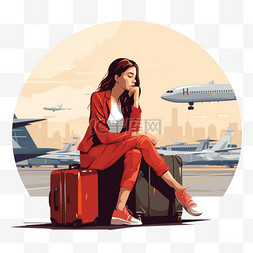 带着手提箱的女人坐在机场附近，