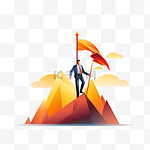 商界领袖站在箭头上，手持旗帜扁平向量插图。卡通人物培训和做商业计划。领导力、胜利观和挑战观