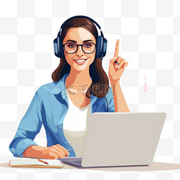 耳机标志图片_戴耳机的年轻女性在笔记本电脑前
