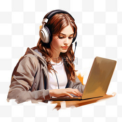 使用耳机图片_戴耳机的年轻女性使用笔记本电脑